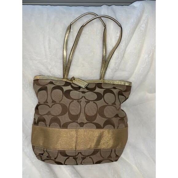 Coach Signature Stripe Tote Bag Brown Gold Monogram Medium Women's‎ - Picture 1 of 8